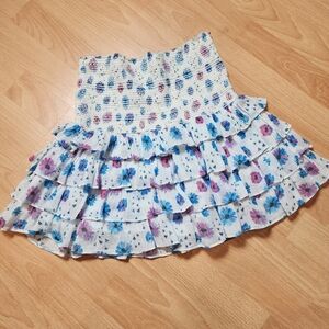 LoveShackFancy Yorkie Smocked Floral Ruffle Mini Skirt Medium Blue White Pink